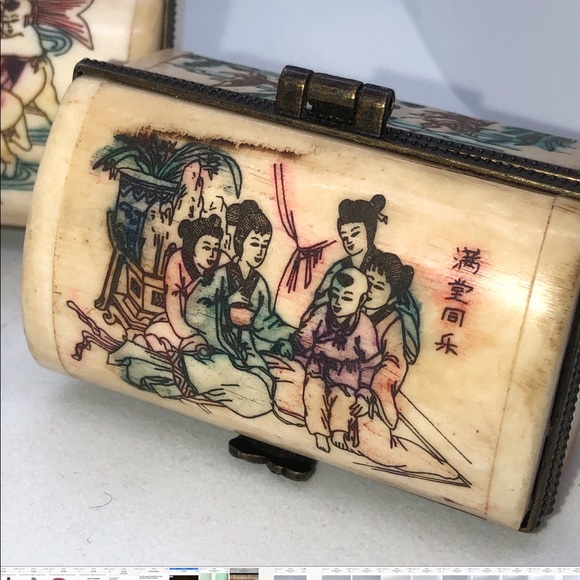 Set of 3 Chinese Cow Bone Carved Gift Box Trinket Box W/Hand Painted . - Picture 3 of 9